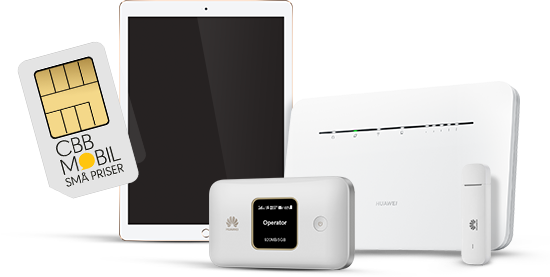 Ét SIM-kort til mobilt bredbånd. Ved siden af vises en iPad, router, mini-router, dongle og en computer der kan bruges med mobilt bredbånd 